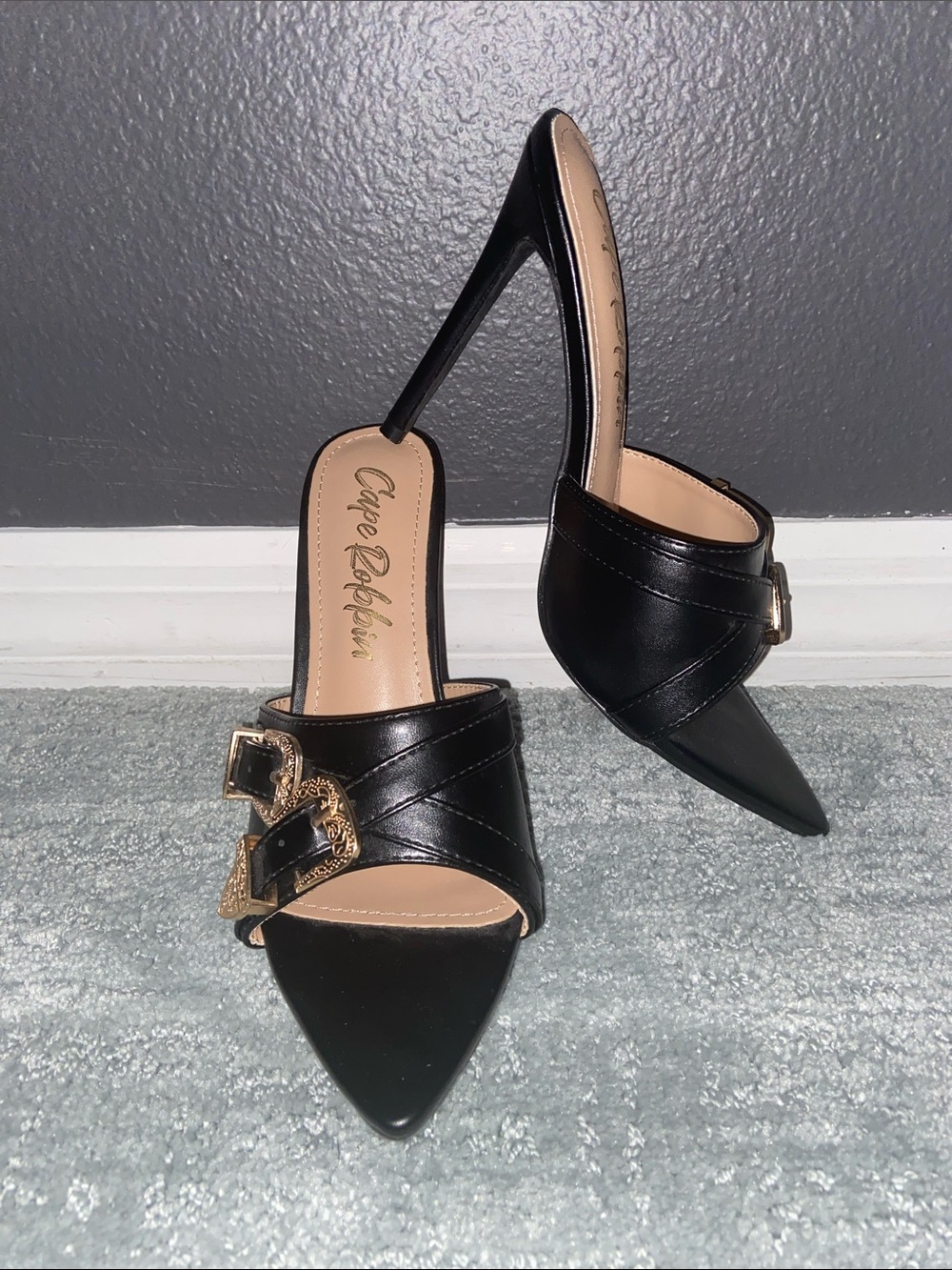 Cape Robbin Black Pointed Toe Mule Heels with Gold Buckles NEVER WORN